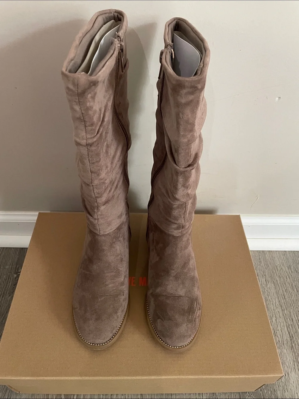 Steve Madden Taupe Suede Ruched Mid-Calf Boots
